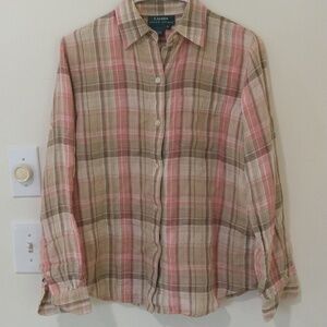 Women's R Lauren 100% linen plaid shirt long sleeves button down sz s tan coral